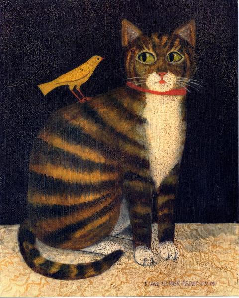 Tiger Cat with Bird | American Folk Art Painting - Diane Ulmer Pedersen